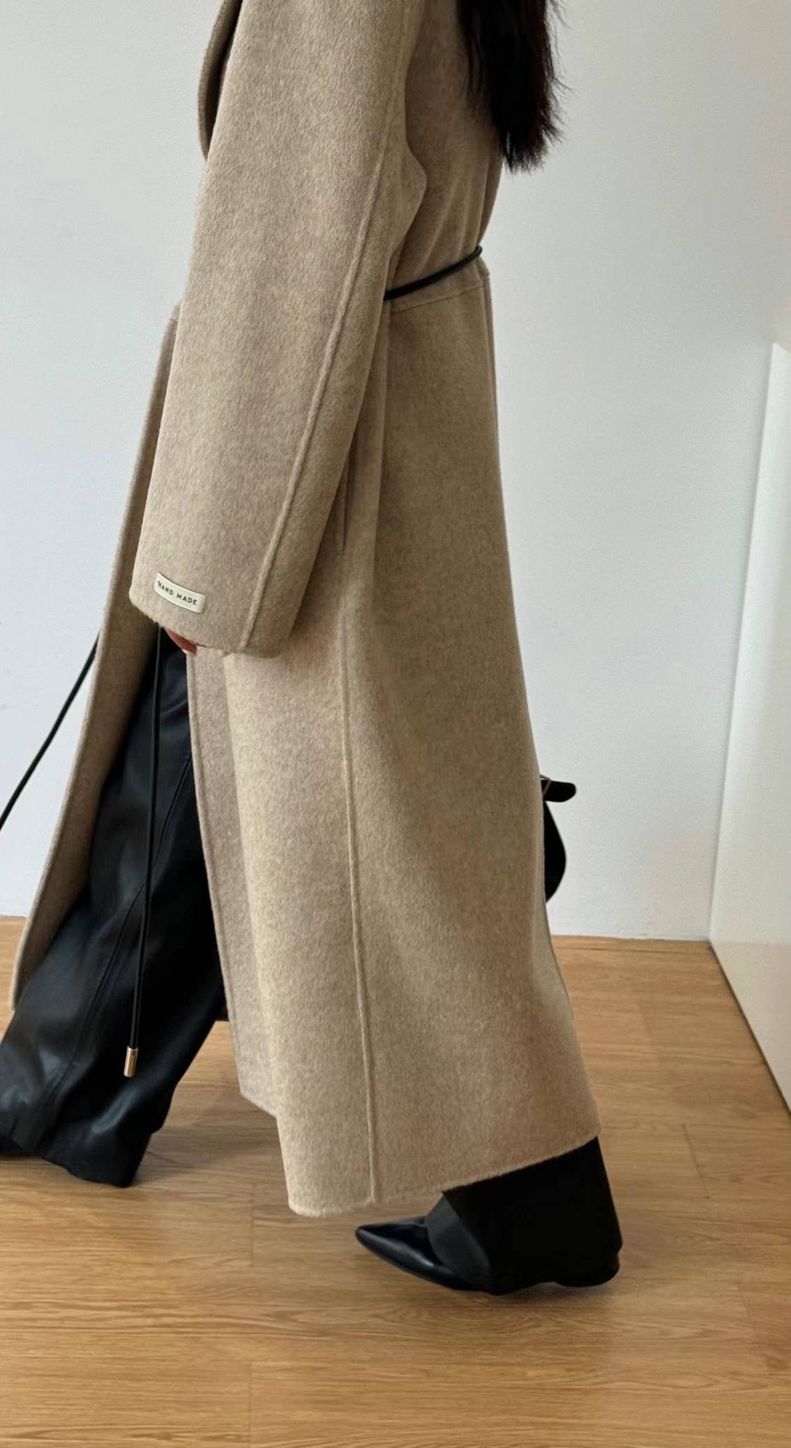 Erica Beige Leather Belt Wool Blend Coat