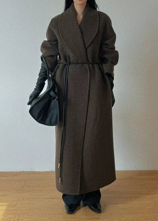 Erica Brown Leather Belt Wool Blend Coat