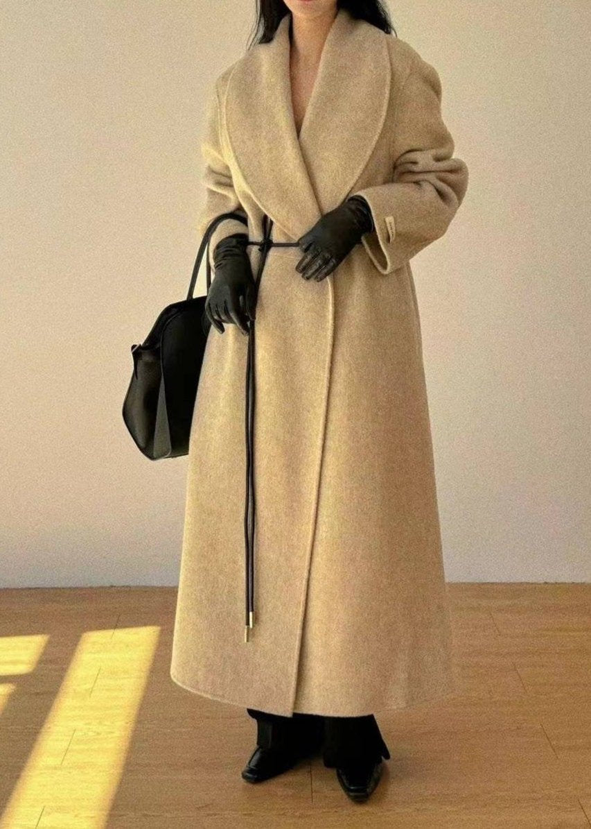 Erica Beige Leather Belt Wool Blend Coat