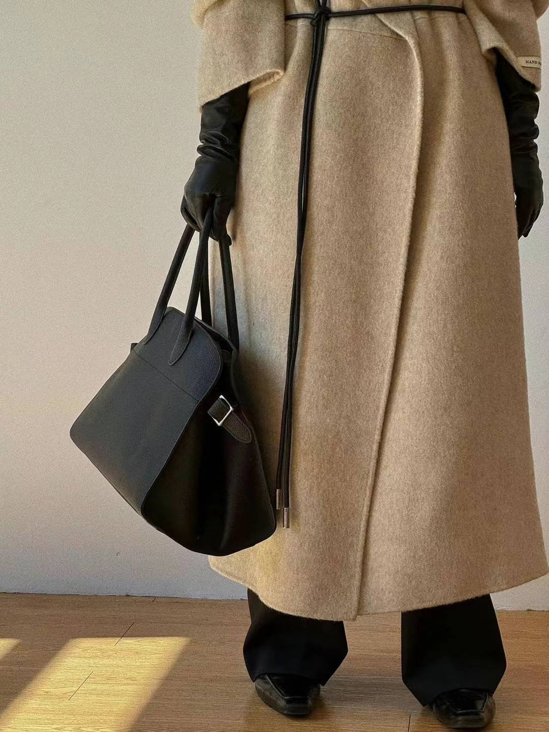 Erica Beige Leather Belt Wool Blend Coat