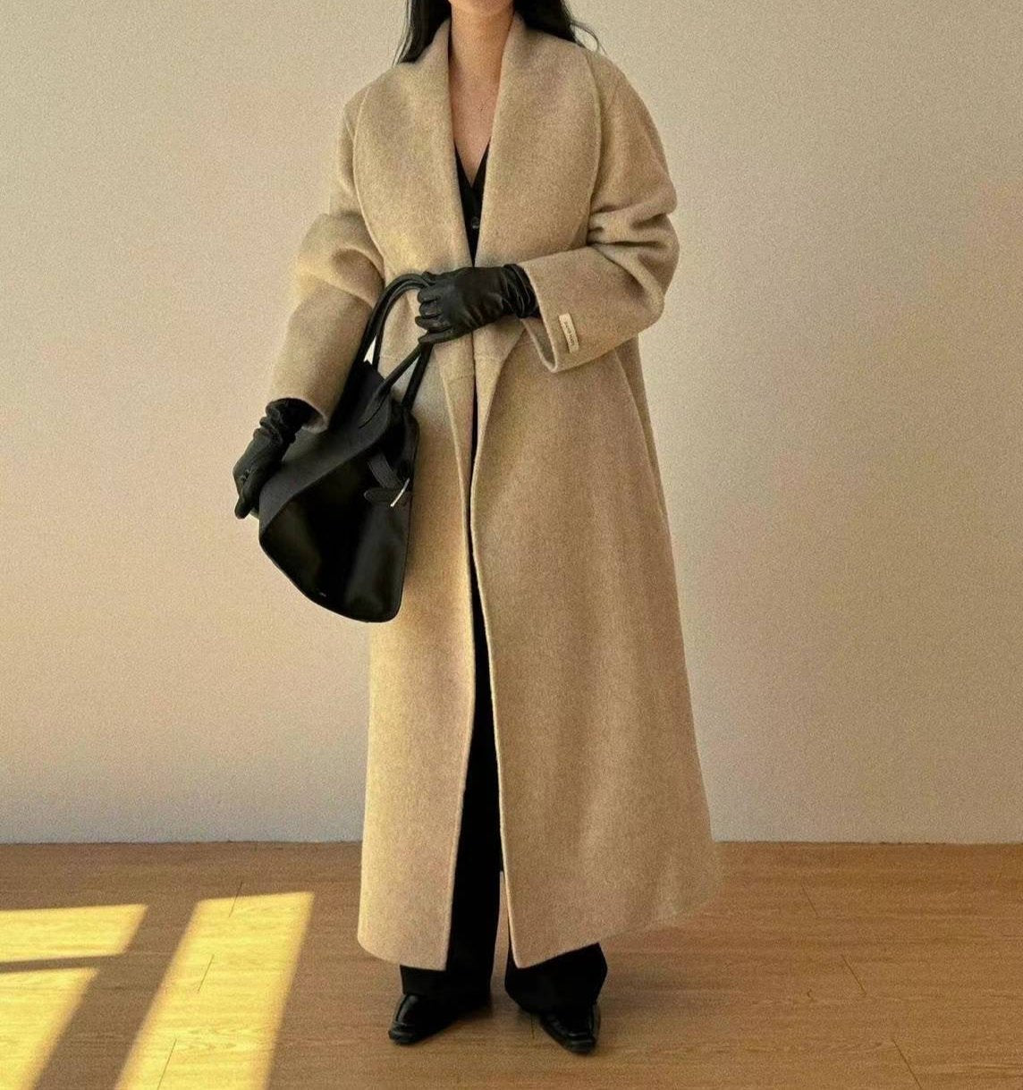 Erica Beige Leather Belt Wool Blend Coat