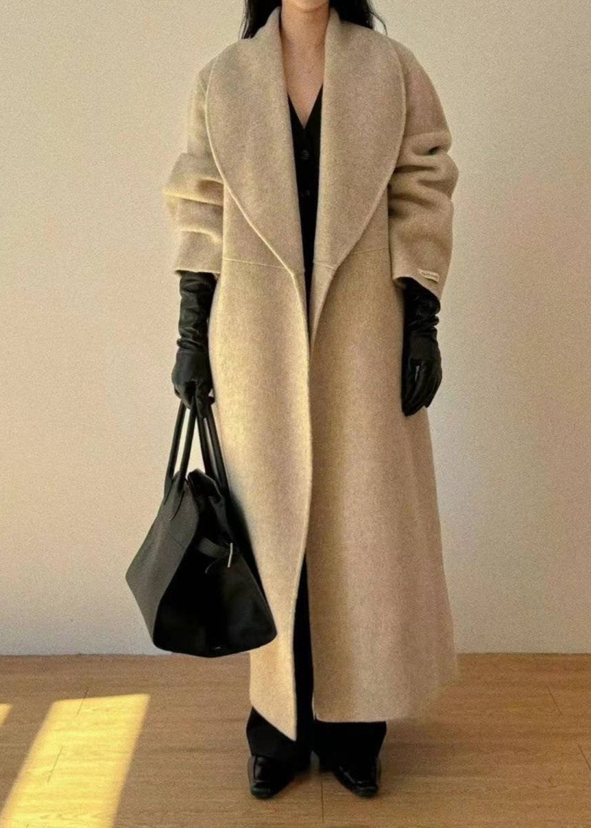 Erica Beige Leather Belt Wool Blend Coat