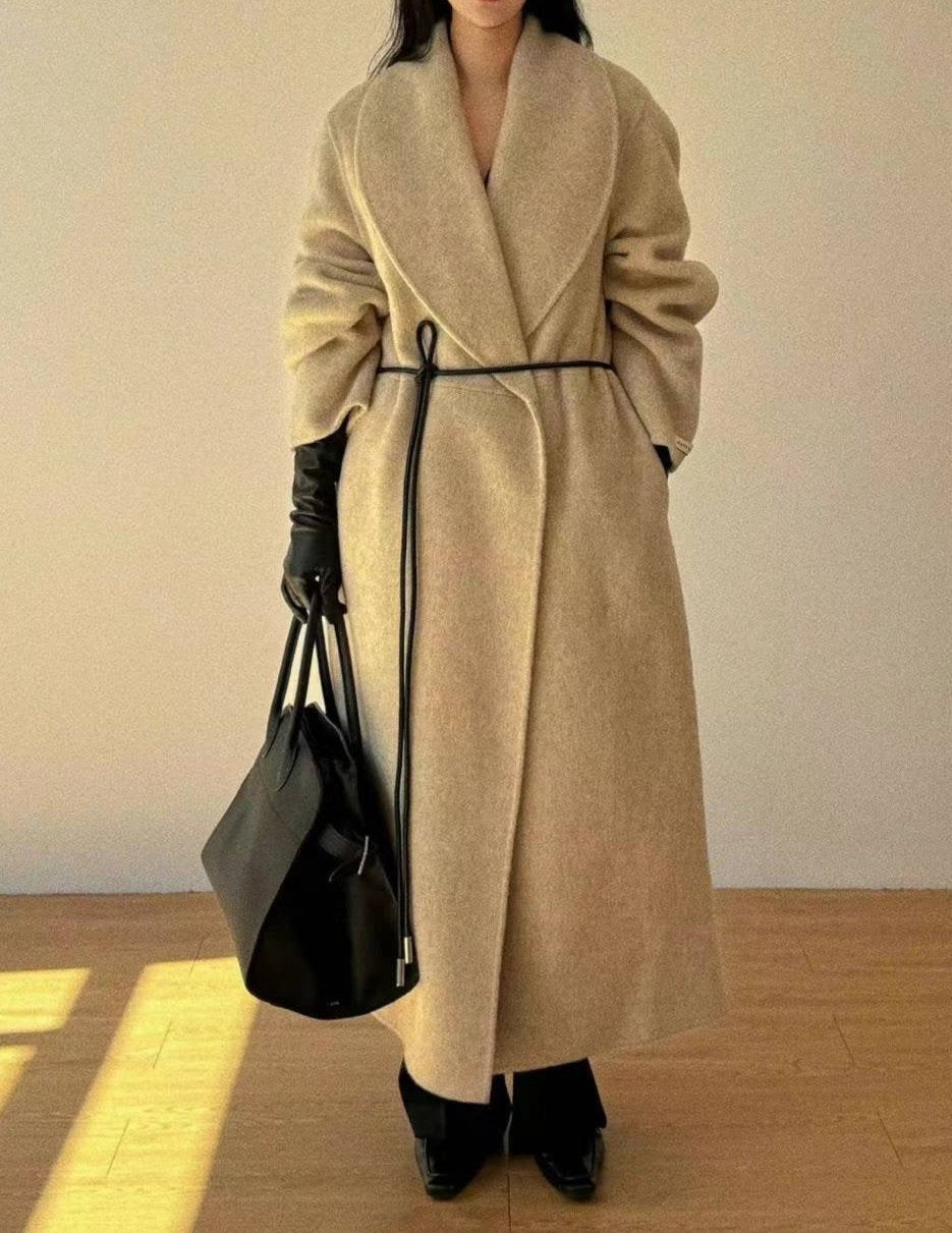 Erica Beige Leather Belt Wool Blend Coat