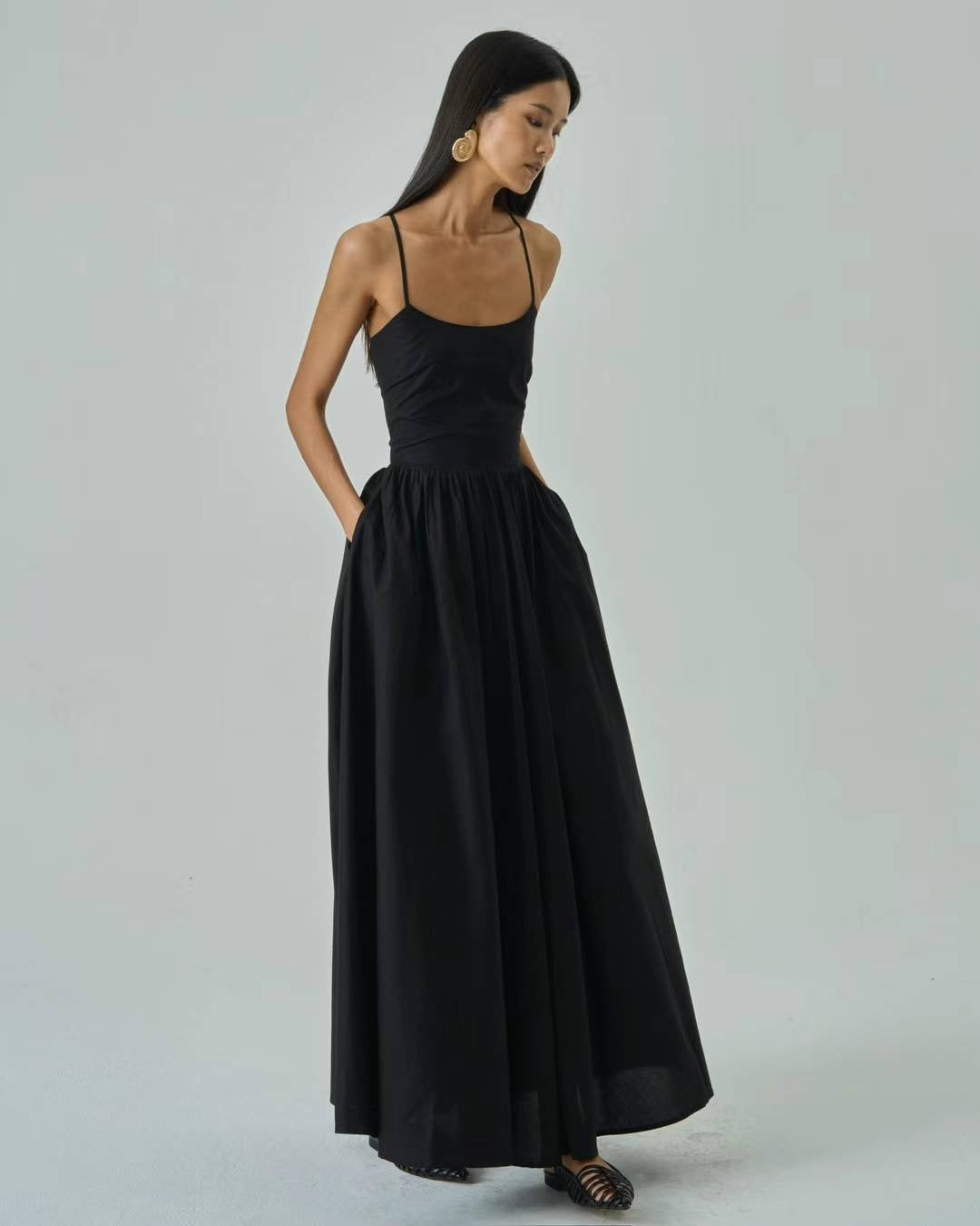 Lena Black Cotton Maxi Dress